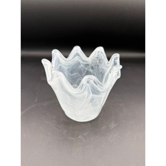 Murano Glass Grey/ White Ruffle Swirl Small Bud Vase - 5” Tall - Picture 1 of 5